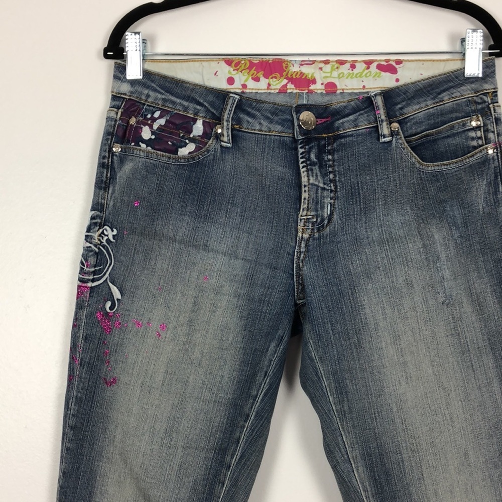 Pepe London jeans blue purple splash design bootcut long leg 5 pocket jean Sz 30 - Picture 3 of 6